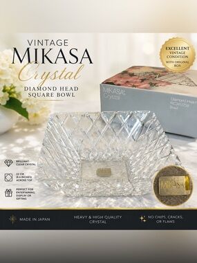 Vintage Mikasa Crystal Diamond Head Square Bowl 22cm NIB